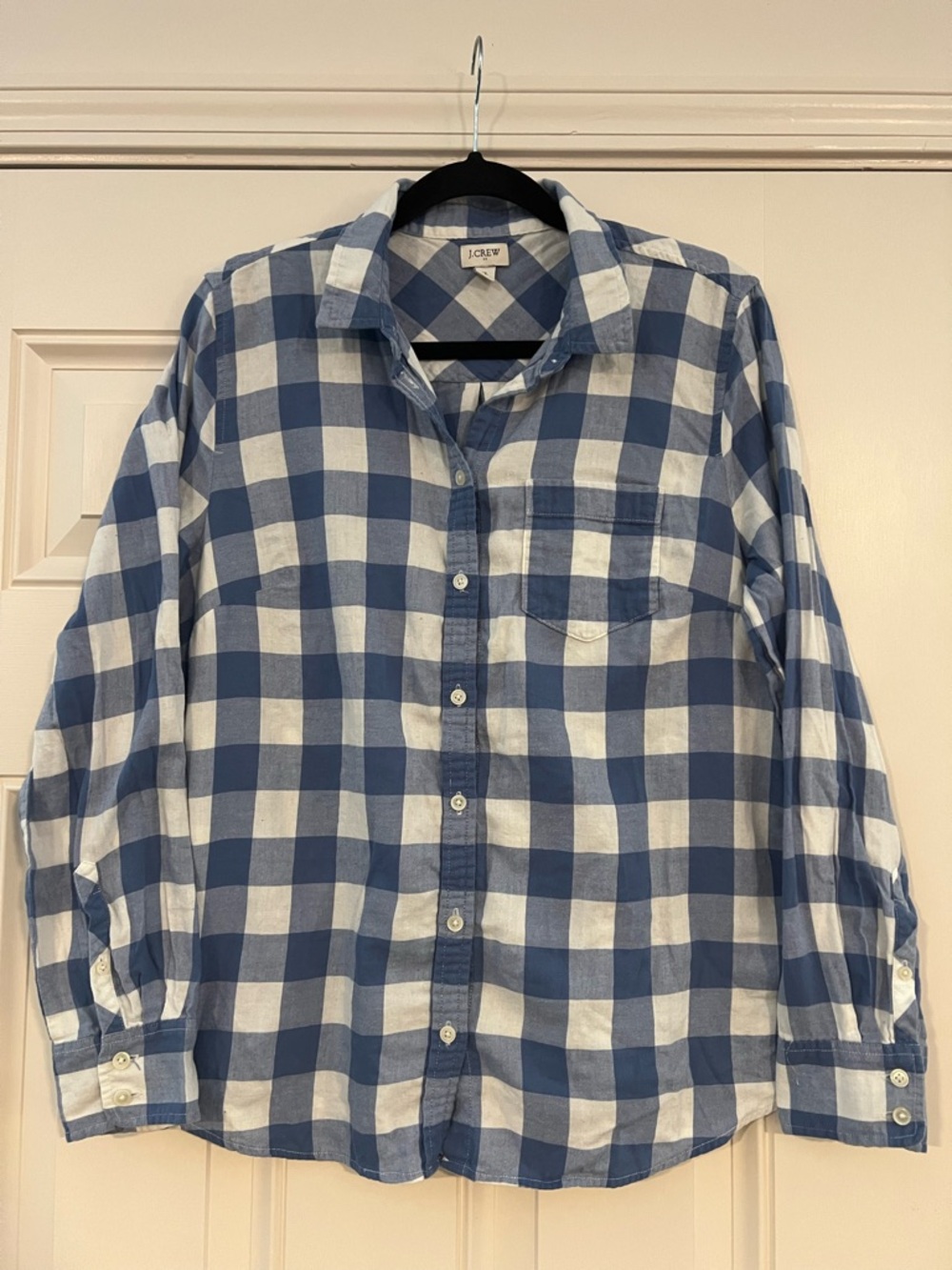 J.Crew Factory White Blue Gingham Button Down Shirt Long Sleeve Front Pocket XL
